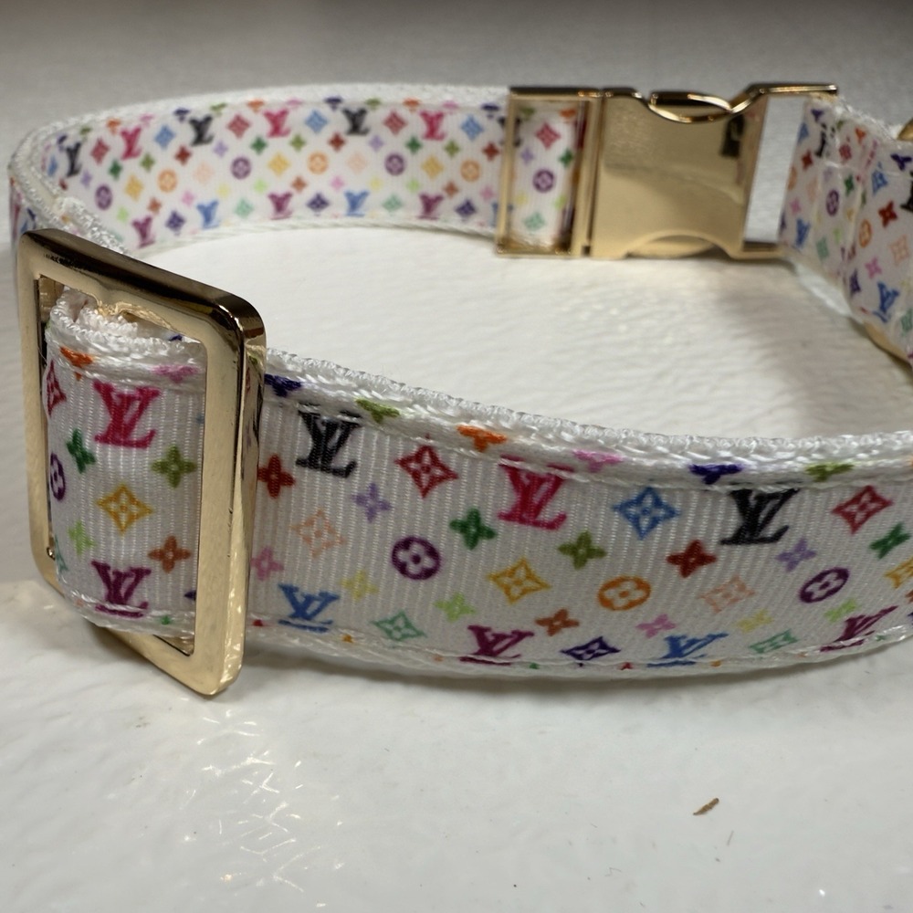Luxury Dog Collar, Size L, Colorful, Gold Hardware, 1" Wide. - Picture 5 of 12